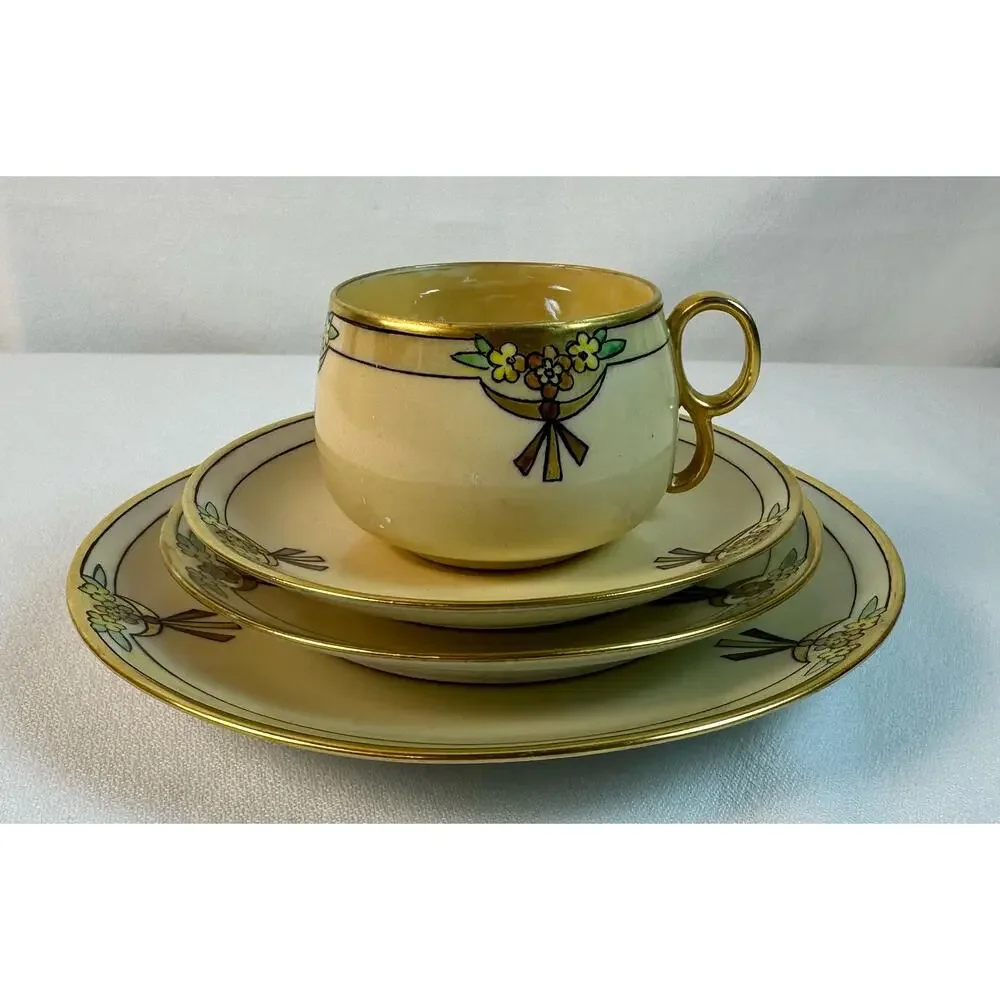Thomas Bavaria Art Nouveau 4 Piece Luncheon Set Yellow w Flowers & Gold Trim VG